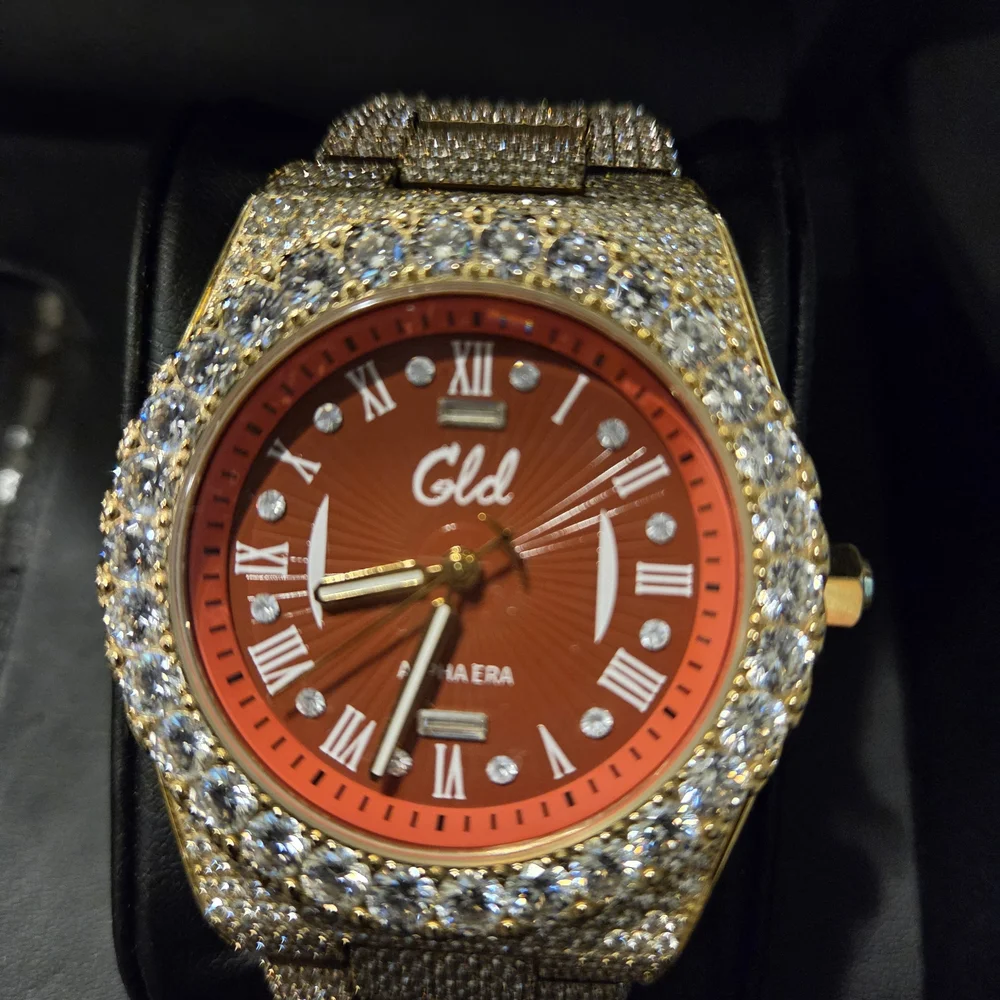 GLD Gold Iced Out 42MM Fully Iced Alpha Era® w/Diamond Prong Link Band /Red Face